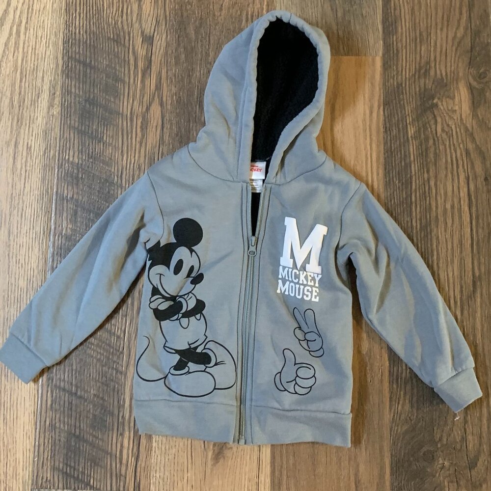 Disney Junior size 2T Boys/Girls Gray Mickey Mouse Hooded Jacket w/Sherpa Lining